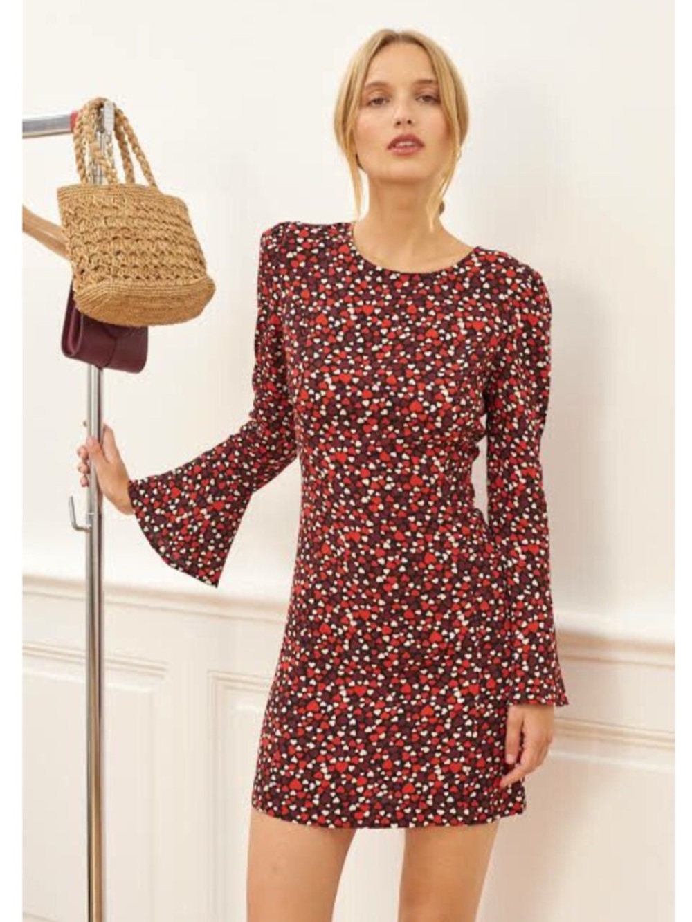 ROUJE Red Burgundy Black & White Retro Heart Print Bell Sleeve Bella Mini Dress